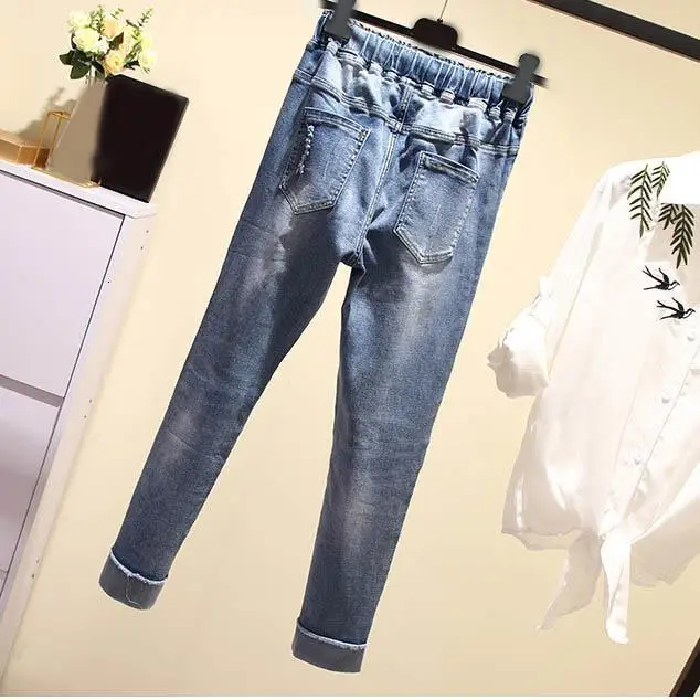 Plus Size Woman Flower Embroidered Jeans Lace Up Jeans Elastic Denim Trousers Cuffs Loose Ankle-Length Hole Harem Pants