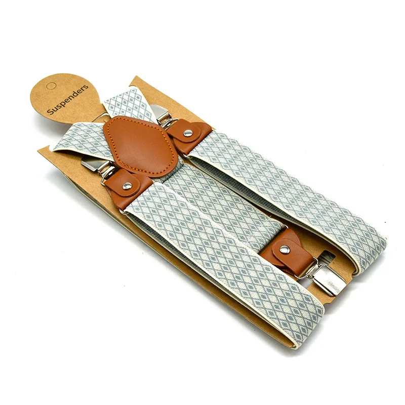 

Beige Jacquard Small Plaid Adult Men 3 Pants Suspenders Men's Elastic Strap Shirt Strap Clips Shoulder Strap