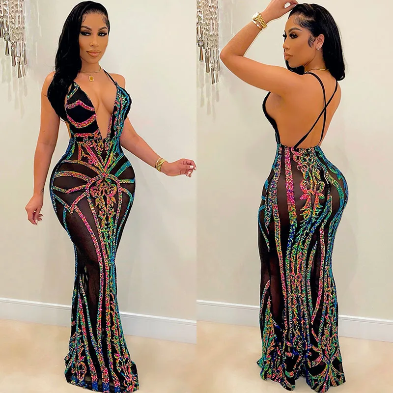 

Luxury Sparkly Sequin Maxi Dress Women Party Night Backless Evening Dresses Elegant Spaghetti Strap Celebrity Bodycon Long Dress