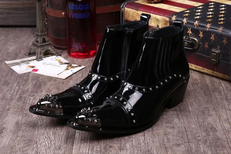 

New Western High Heels Pointed Toe Studded Cowboy Boots Patent Leather Punk Nightclub Shoes Man