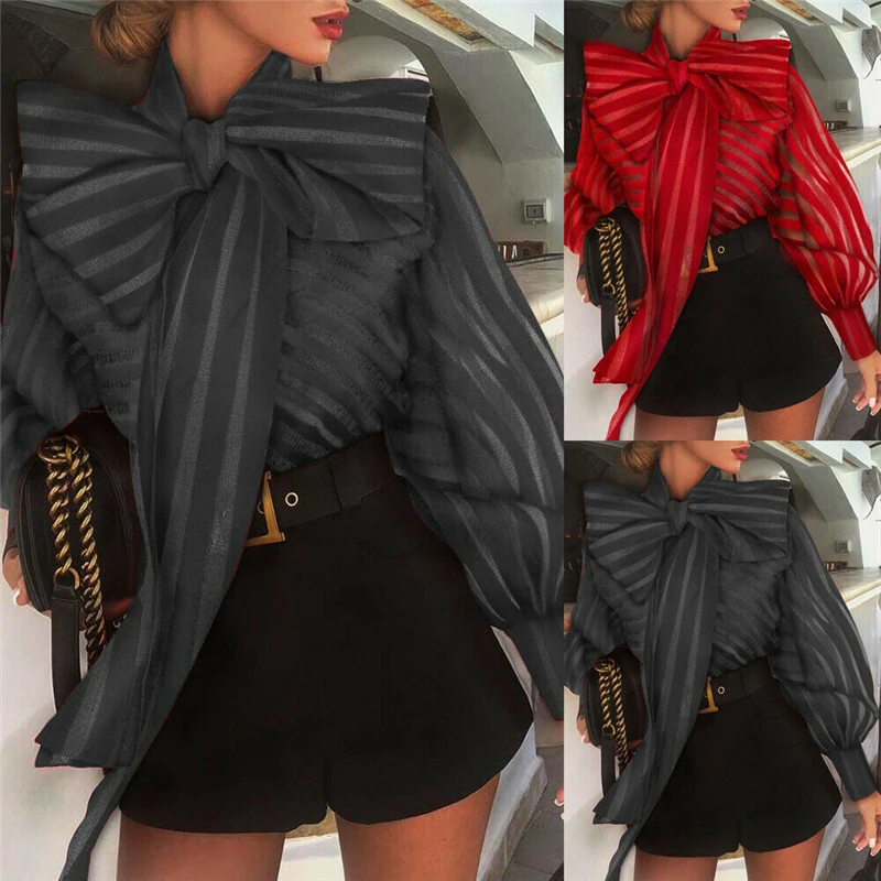 Women Mesh Sheer Striped Blouse See-through Long Sleeve Top Shirt Fashion Elegant Big Bowknot Black Red Shirt Female Blusas Women Mesh Sheer Striped Blouse See-through Long Sleeve Top Shirt Fashion Elegant Big Bowknot Black Red Shirt Female Blusas