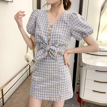 

Summer Two Piece Set Women Bow Plaid Crop Blouses and Split Mini Skirts Set 2 Piece Set Tracksuit 2 Piece Outfits for women