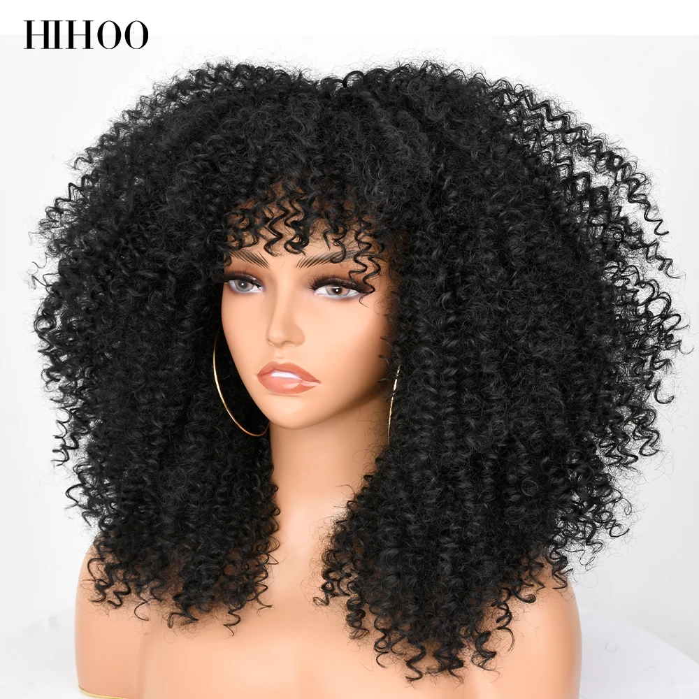 16''Short Hair Afro Kinky Curly Wig With Bangs For Black Women Cosplay Lolita Synthetic Natural Glueless Brown Mixed Blonde Wigs synthetic hair bun hairpiece fully short ponytail bun mixed blonde hair chignon with comb bun updo extension for women