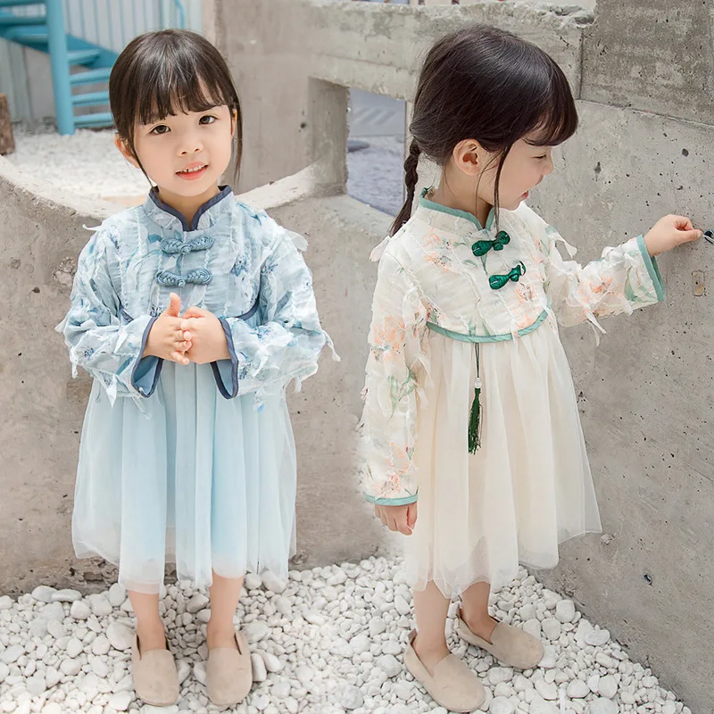 

Spring And Autumn Childrenswear 2019 New Style Girls Dress Chinese-style Feather Tassels Long Skirts Princess Dress Costume