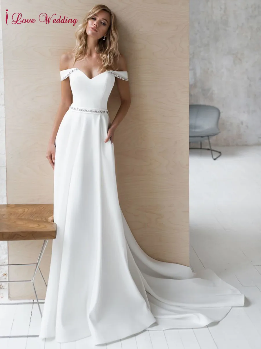 

Elegant Wedding Dress A Line White Satin Sweetheart Off the Shoulder Beaded Simple Princess Wedding Party Gown Vestidos Formales