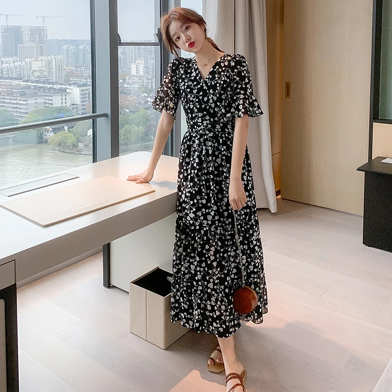 Tonglord Women Chiffon Dress 2020 Summer New Female Short Sleeve V-neck Printed Casual Long Dresses Elegant A-line Vestidos