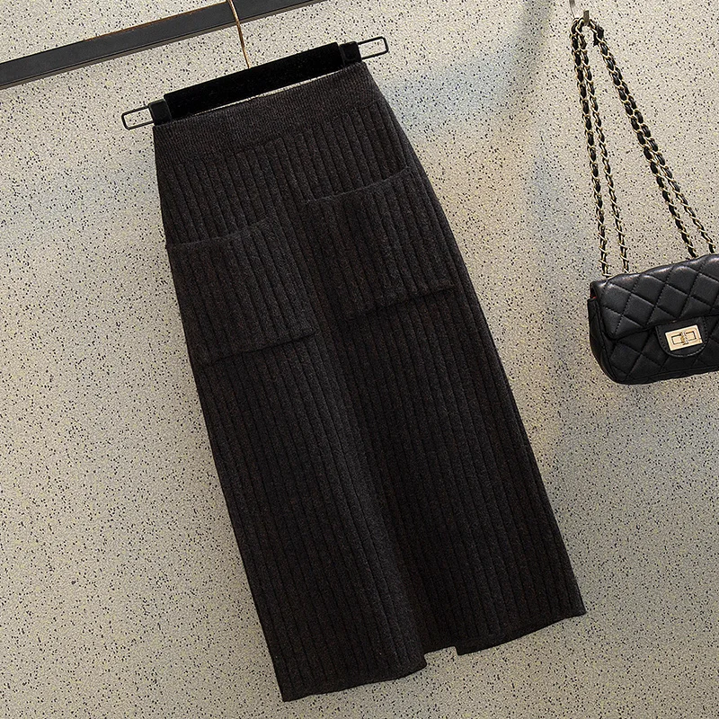 pocket dark grey Женский свитер, трикотажная юбка, карман, юбка-карандаш, высокая талия, трикотажная юбка, эластичная, осенняя, теплая, Зимняя - Цвет: pocket dark grey