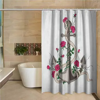 

Rose 3D Printed Shower Curtain Hand Drawn Illustration of Sea Anchor Entwined with Flowers and Marine Rope Hotel Quality Machine