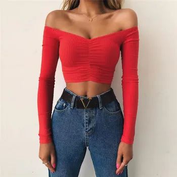 

BacklakeGirls Sexy Off Shoulder Slim Cropped Women Crop Top Long Sleeve Boat Neck Knit Vest Mini Sheath Summer Ladies Clothes