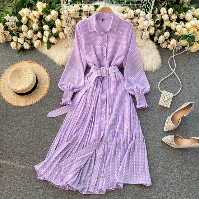 Spring Elegant Purple Women's Polka Dot Pleated Dress 2021 Korean Clothing Long Sleeve Vintage Chiffon Shirt Dress Feme Robe 1