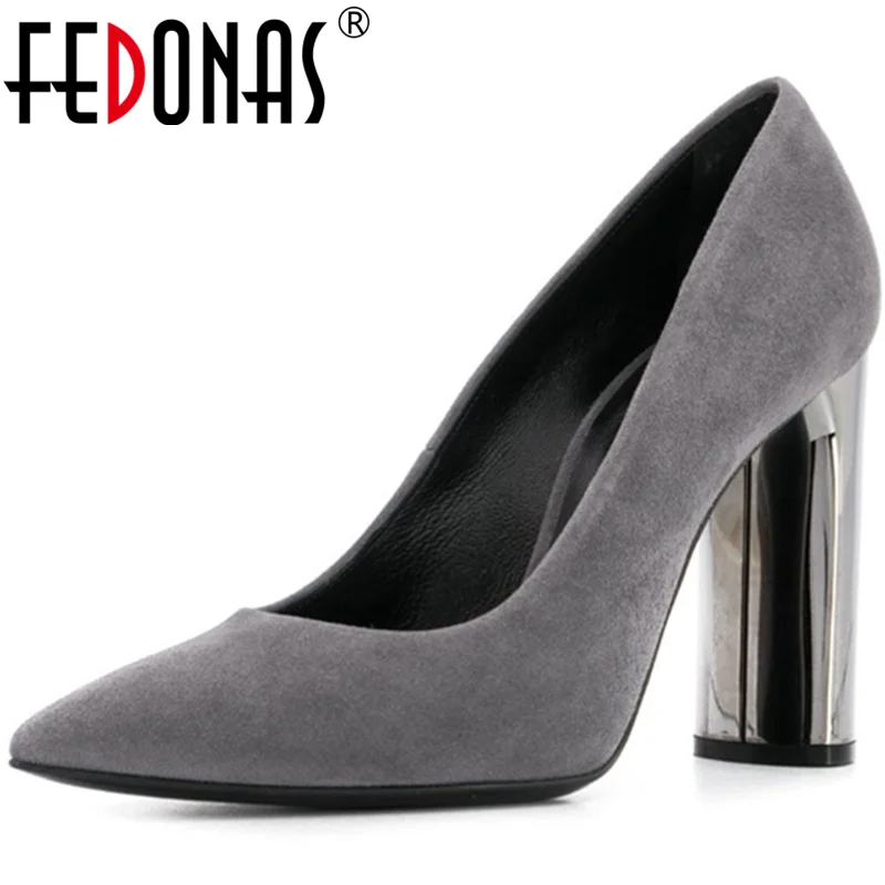 

FEDONAS Elegant 2020 Spring Summer Women Shoes Metal Decoration Thick Heels Pumps Newest Suede Leather Pointed Toe Shoes Woman