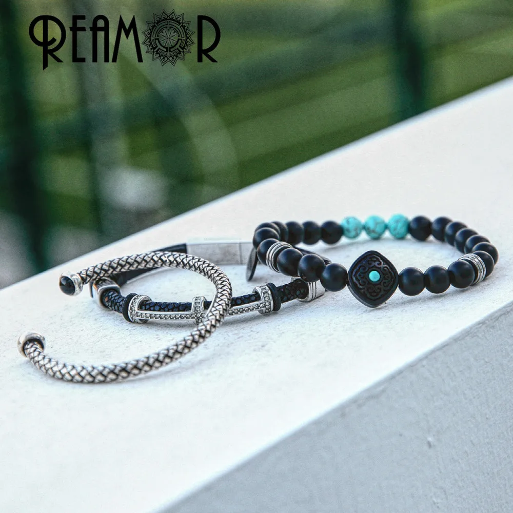 REAMOR Women& Men Matte Black Volcanic Onyx Beads Charm Bracelet Engraved Wooden Beaded Bracelets With Stainless steel Tags