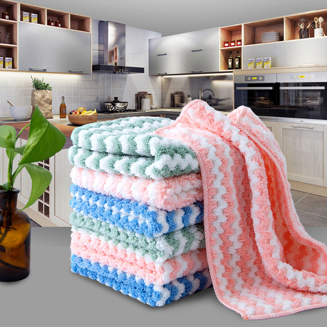 New Kitchen Stripe Dish Cloth Absorbent Housework Clean Towel Kitchen Cleaning 30X30Cm (Pack Of 4)