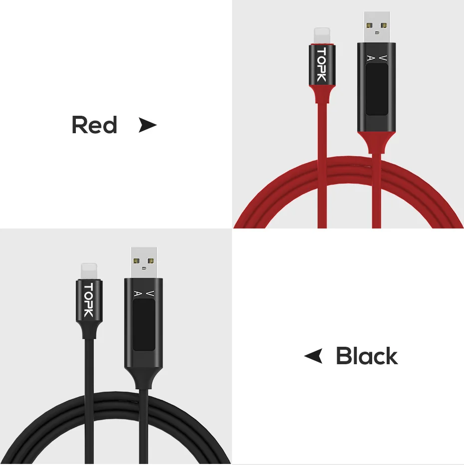 TOPK кабель для быстрой зарядки для iPhone, USB кабель для синхронизации данных с ЖК-дисплеем и напряжением тока для iPhone 11 Pro Max Xs Xr X 8 7 6s Plus