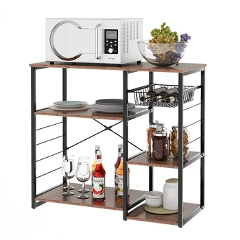 

Industrial Microwave Oven Stand Kitchen Baker’s Rack Brown Coffee Bar Metal Frame Wire Basket 6 Hooks Mini Oven Spices Utensils