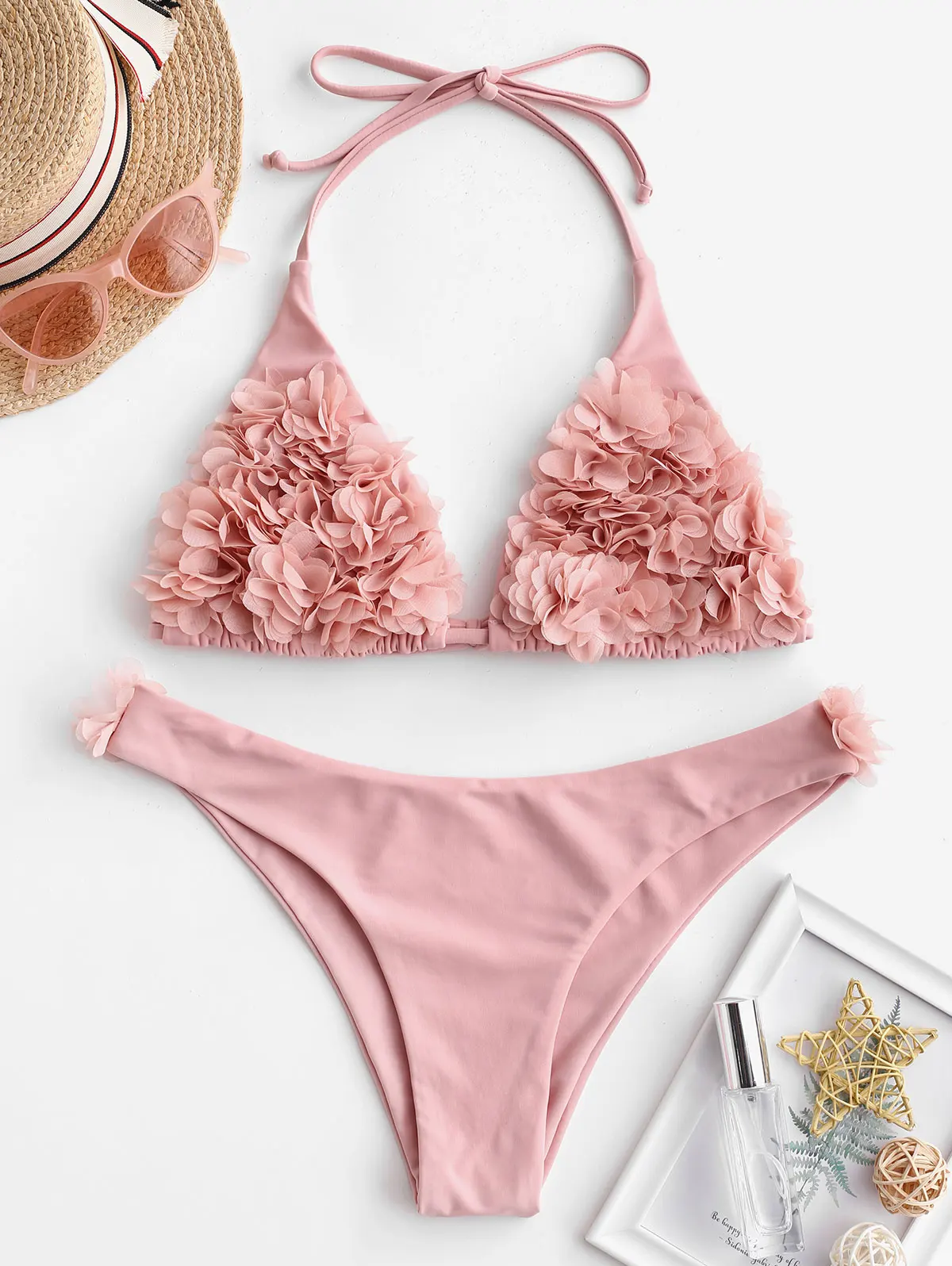 

ZAFUL Women Halter Petal Bikini Flower Sexy Triangle Padded Bra Push-Up Swimwear Bikini Set Swimsuit Bandage Sports Bathing Suit