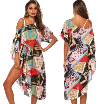 

2019 New Women Beach Cover-Up Sexy Off Shoulder Fashion Print Swimsuit Bikini Cover-Up Dress Loose Short Sleeve Sunscreen Shirt