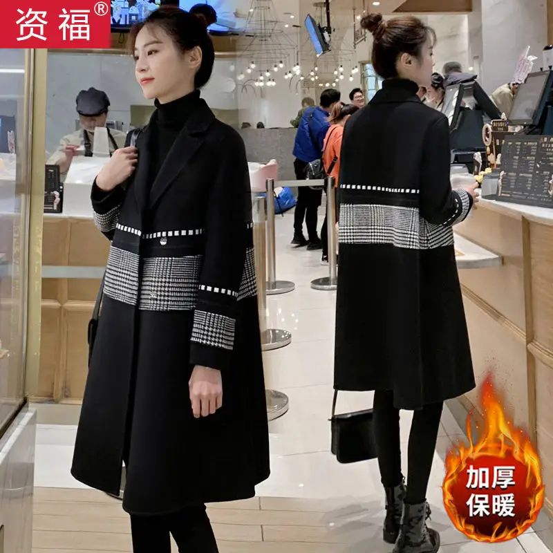 

Hepburn style woolen coat female mid-length thickened 2019 autumn and winter new Korean version of the houndstooth popular wool