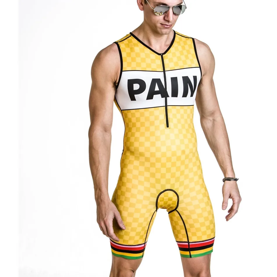

Love the pain yellow triathlon suit men sleeveless jumpsuit trisuit bicicleta ropa ciclismo hombre swimswear cycling skinsuit
