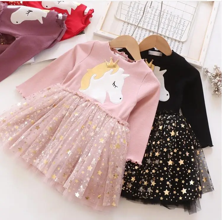 Г. Весенние хлопковые сетчатые платья принцессы с единорогом и звездами для девочек; милое детское платье; 5 шт/лот;