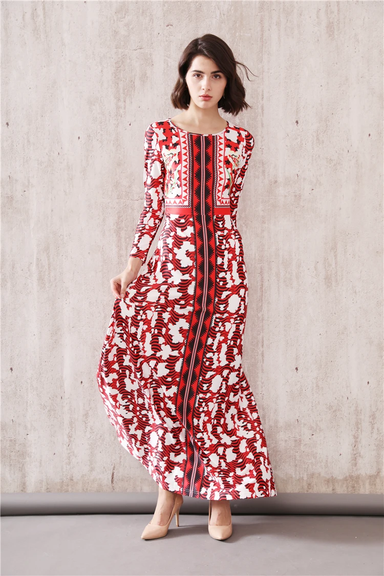 Плюс размер XL горячая Распродажа осеннее женское тонкое платье трапециевидной формы с высокой талией О-образным вырезом с длинным рукавом модное печатное платье длиной до пола