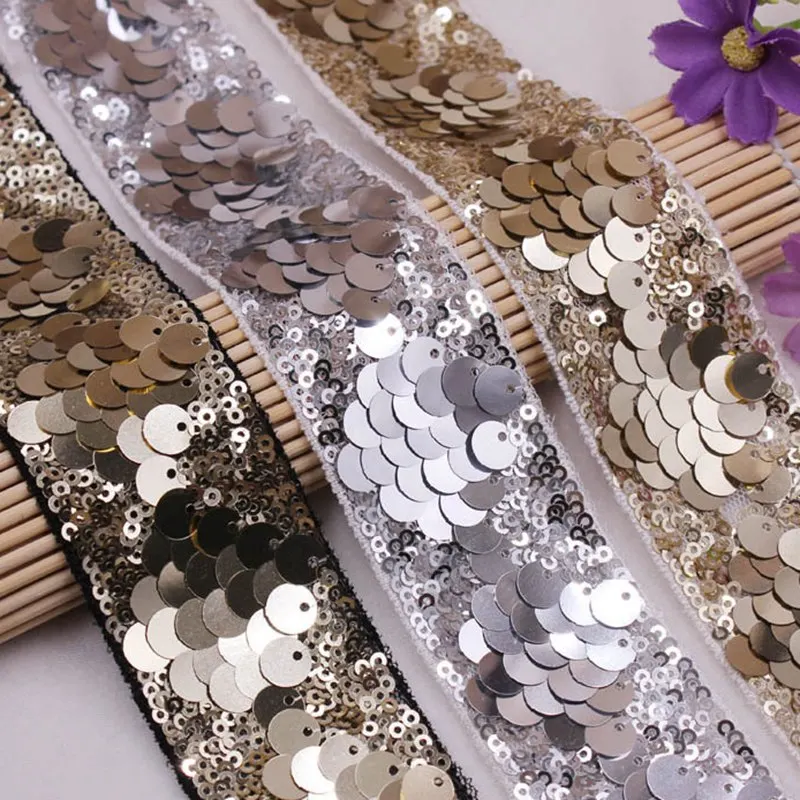 

1Yards/Lot Sequins Beaded Lace Trim Mesh Lace Ribbon Fabric Clothes Decoration Wedding Dress Sleeve African Lace Fabric Applique