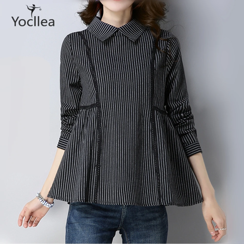 

Cotton Linen Blouse Autumn women Tops 2019 Mom Long sleeve shirts black Spring Peter Pan collar blouses blusas feminina