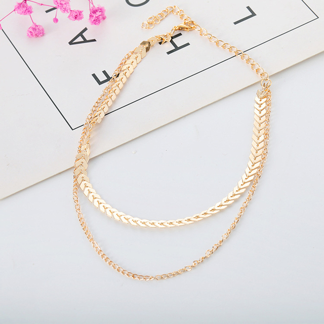 New Chain Choker Two Layers Necklaces Fishbone Airplane Shape Gold Color Necklace Flat Chain Jewelry