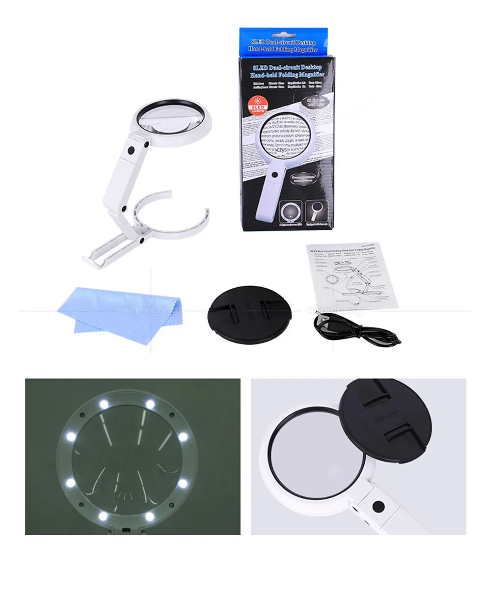 8 LED Handheld Desktop Folding Jewelry Magnifier USB Plug in HD Reading Repair Lighting Magnifier Magnifying Glass Lamp Loupe