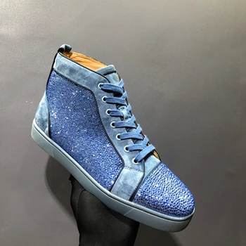 

Quality Red bottom Blue Suede leather Sports Shoes Men Casual Flats Loafers Color Crystal Runway Outdoor Walking Sneakers Couple