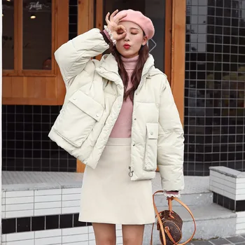 

Fashion Short Stand Collar Hooded Women Winter Jacket Cotton Padded Warm Thicken Ladies Short Coats Parka Womens Jackets