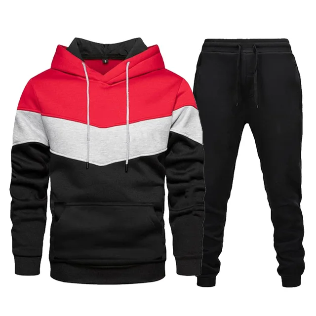 Men's Tracksuits Two Piece Sets Color Stitching Hoodie and Pants Fshion Casual Sportswear Autumn Winter New Men's Jogging Suit Red