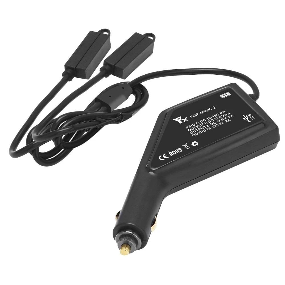 Vue rapprochée du chargeur de batterie pour DJI Mavic 2 Zoom, avec indicateurs LED et ports USB