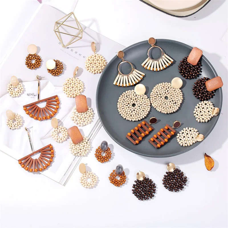 

YAOLOGE 23 Style New Fashion Korean Wooden Handmade Geometric Wood Round Square Bamboo Rattan Knit Drop Earrings For Women 2019
