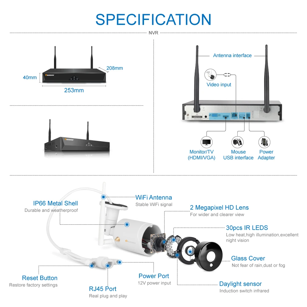 Einnov Wifi Security Camera System 5MP Video Surveillance Wifi Outdoor 4CH Wireless CCTV NVR Kit Audio Set H.264+ HD IR LEDs 2TB