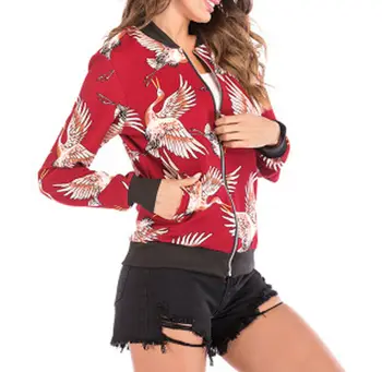 

Fashion Streetwear Women's Retro Crane Floral Print Zipper Bomber Jacket Clothes Casual Coat Outwear