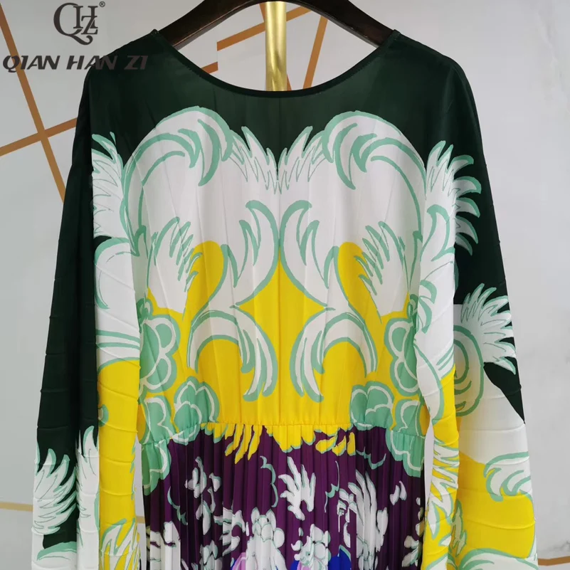 Top Buy bhlS1 Qian Han Zi 2019 Brand Autumn Designer Runway Fashion Maxi Gown Women's Long Sleeve Vintage Print Pleated Long Beach Dress