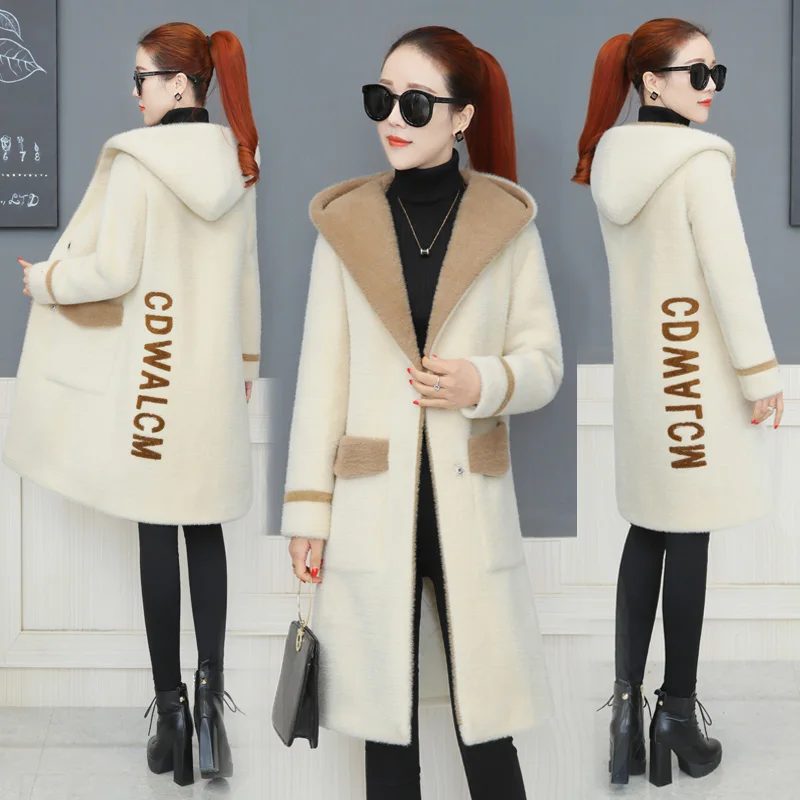 HANZANGL Women cardigan coat winter new fashion hooded thick gold velvet Jacket Long Sweater Coat beige/black/caramel/khaki