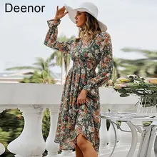 

Deenor Women's Dress Flower Print Skirt V-neck Elastic Waist Dress Holiday Style Summer Casual Dresses