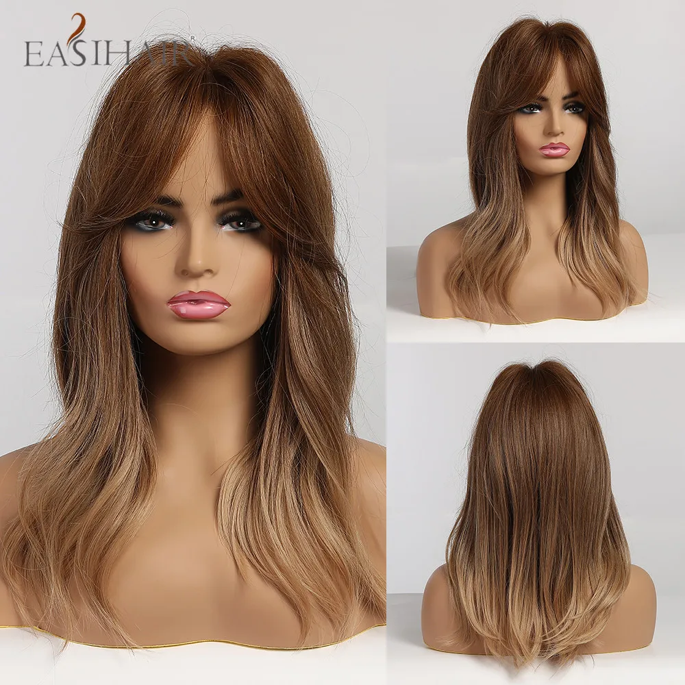 

EASIAHIR Medium Length Ombre Brown Wave Synthetic Wigs with Bangs Cosplay Heat Resistant Synthetic Hair Wigs for Women Afro