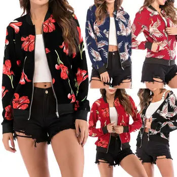 

Fashion Women's Retro Floral Zipper Bomber Jacket Clothes Parka Coat Outwear US