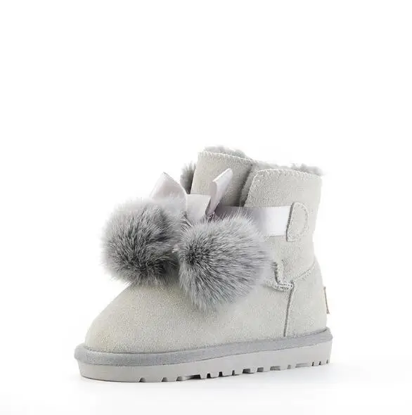 SHUANGGUN New Children Boots For Girls Kids Snow Boots Genuine Sheepskin Leather Natural Fur Warm Winter Shoes#K001 - Цвет: gray
