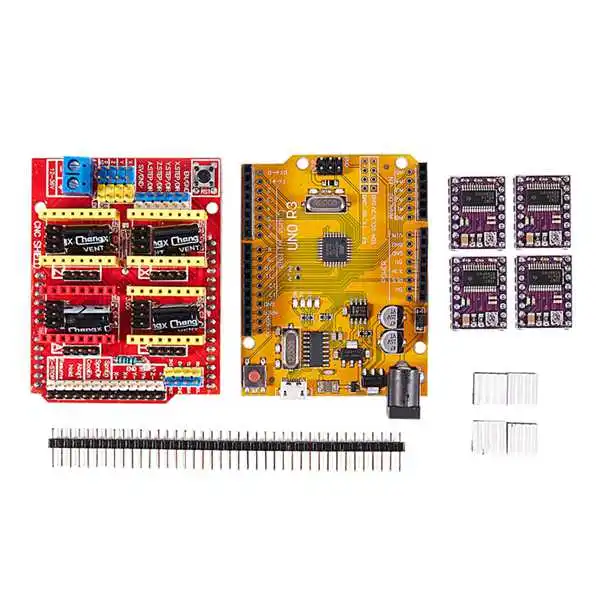 

CNC V3 Shield + UNO R3 for Arduino Compatible Board + 4x TI DRV8825 StepStick Stepper Drivers Red+purple