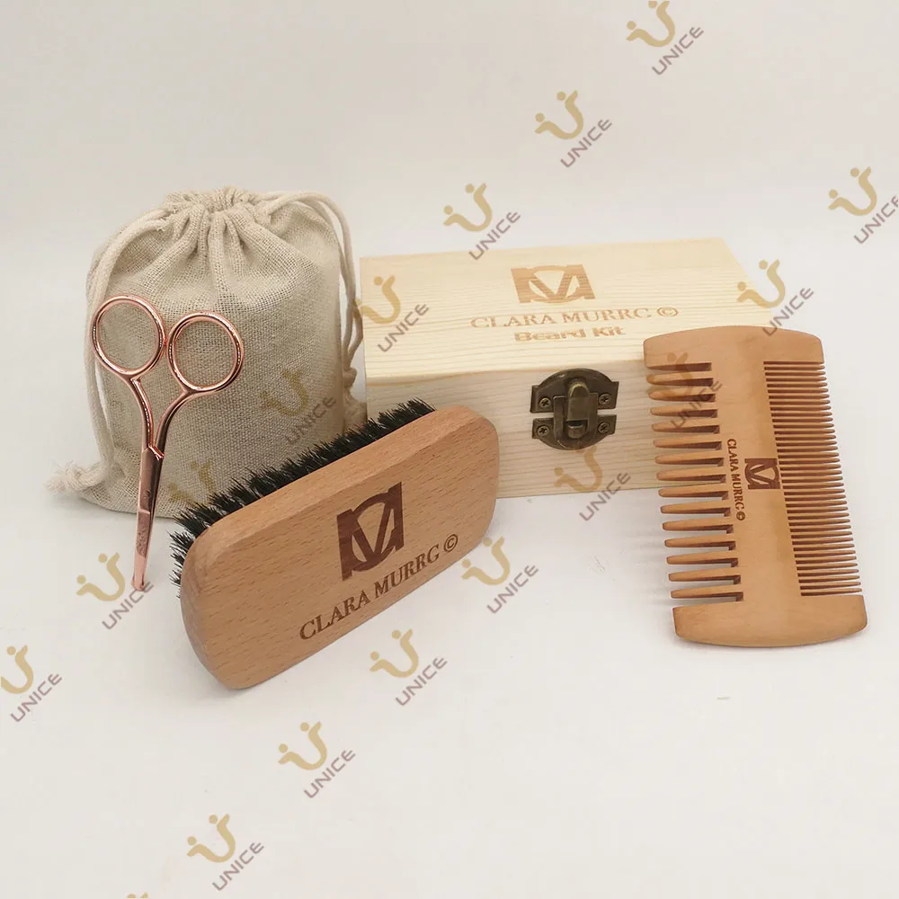 MOQ 100 шт. 4 в 1 OEM индивидуальные наборы для ухода за бородой деревянные расчески