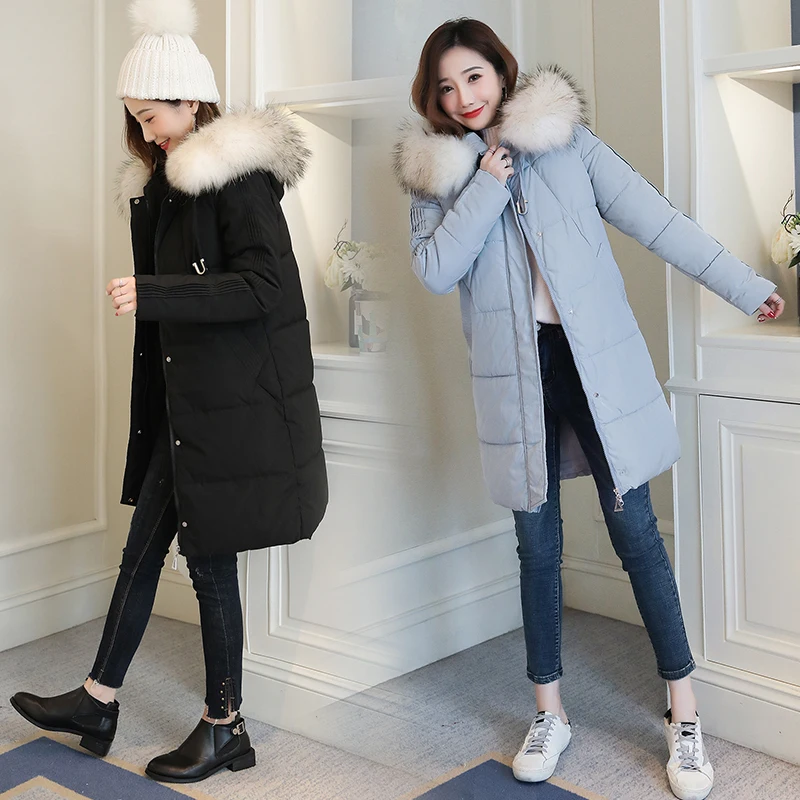 

Winter jacket women down cotton coat female 2019 long slim solid color female Jackets zip fur collar women pink blue down Jacket