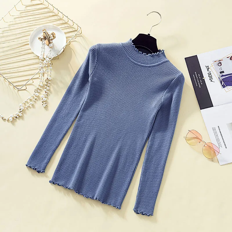 Свитер женский Модный свитер женский полуводолазка с длинным рукавом осень зима теплый тонкий вязаный джемпер Женский пуловер, свитер, Топ водолазка женская - Color: Blue