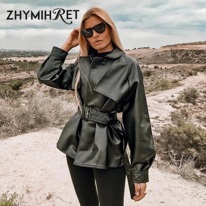 ZHYMIHRET осенне-зимняя куртка из искусственной кожи с поясом, пальто с длинным рукавом, Женская байкерская куртка большого размера, верхняя одежда в стиле хип-хоп