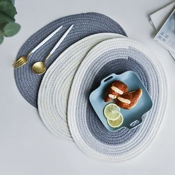 

2019 new oval knitted cotton linen table placemats cup drink coasters hot insulation mugs solid placemats linen nonslip mat dec