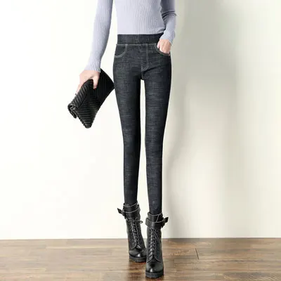 Новые корейские повседневные зимние джинсы стретч Тонкие штаны женские Ретро Высокая талия плюс бархатные черные джинсы толстые теплые штаны для мам - Цвет: Black