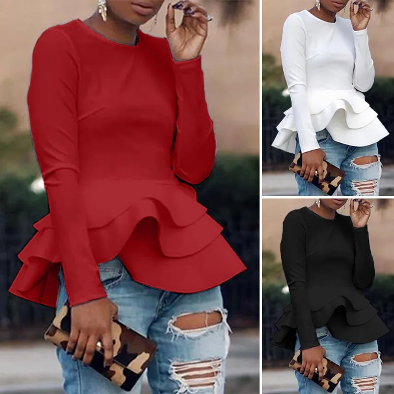 Elegant Solid Ruffle Shirts Womens Flounce Blouse ZANZEA Spring Long Sleeve Peplum Tunic Female O Neck Blusas Plus Size Tops